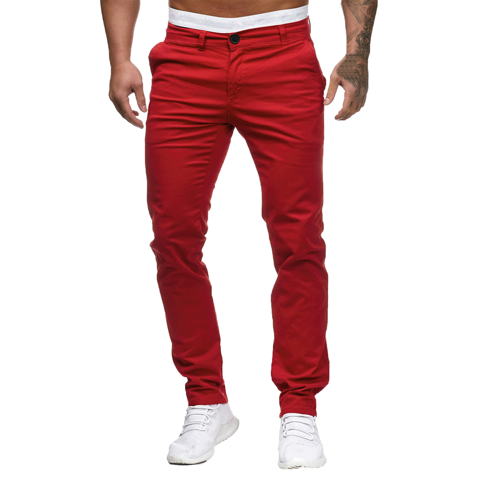thumbnail image 2 of Pantalones informales lisos de talla grande para hombre, cintura ajustada, botones/bolsillos/cremallera decorativos, algodón, tallas M-XXXL, 2 of 8